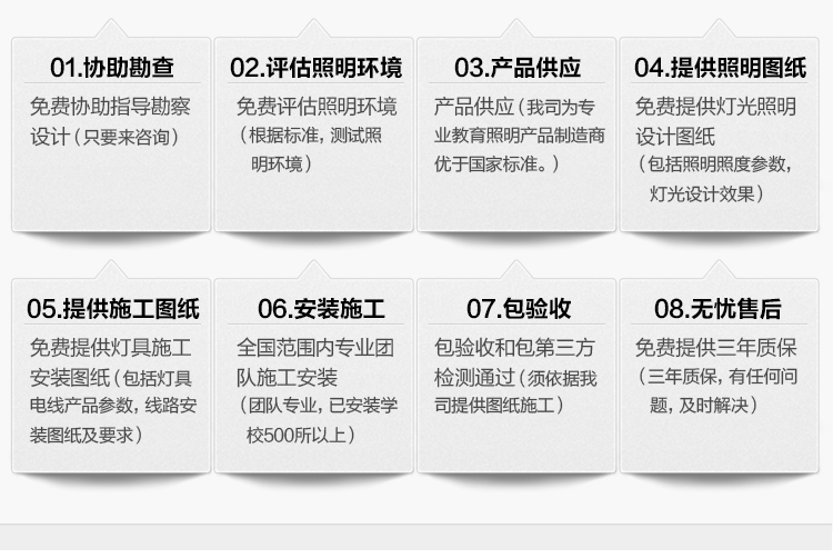 我司提供一站式教育照明解決方案：1、免費(fèi)協(xié)助指導(dǎo)勘察設(shè)計(jì)（只要來咨詢）2、免費(fèi)評(píng)估照明環(huán)境（根據(jù)標(biāo)準(zhǔn)，測試照明環(huán)境）3、產(chǎn)品供應(yīng)（我司為專業(yè)教育照明產(chǎn)品制造商，優(yōu)于國家標(biāo)準(zhǔn)。）4、免費(fèi)提供燈光照明設(shè)計(jì)圖紙（包括照明照度參數(shù)，燈光設(shè)計(jì)效果）5、免費(fèi)提供燈具施工安裝圖紙（包括燈具/電線產(chǎn)品參數(shù)，線路安裝圖紙及要求）6、全國范圍內(nèi)專業(yè)團(tuán)隊(duì)施工安裝（團(tuán)隊(duì)專業(yè)，已安裝學(xué)校500所以上）7、包驗(yàn)收和包第三方檢測通過（須依據(jù)我司提供圖紙施工）8、免費(fèi)提供三年質(zhì)保（三年質(zhì)保，有任何問題，及時(shí)解決）